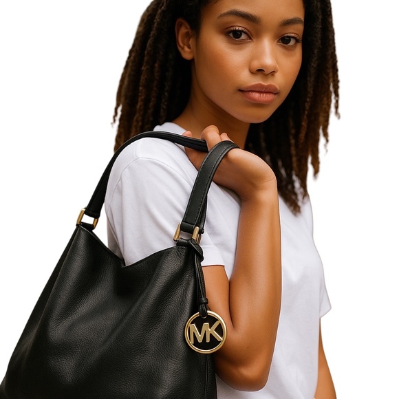 Michael Kors Relaxed Black Soft Pebbled Leather Handbag with Emblem - Picture 1 of 10